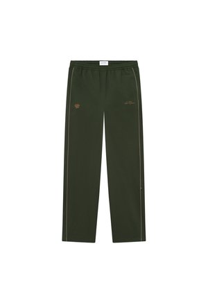 Calças de desporto verde-oliva com textura canelada, cintura elástica, piping lateral e logótipo bordado. Apresenta um design de corte reto.