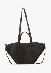 Czarna torba z zamszu w kolorze ciemnoszarym, z dwiema długimi paskami na ramię, dwoma krótkimi uchwytami oraz szerokim kształtem trapezu i bocznymi wiązaniami.