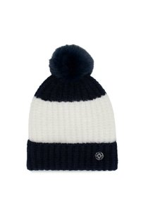 Dziana czapka typu beanie z granatowo-białymi paskami, zakończona puszystym granatowym pomponem. Wykonana z fakturowanej tkaniny, ozdobiona dekoracyjnym emblematem.