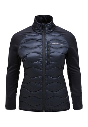 Giacca imbottita con zip frontale, corpo in nylon nero e maniche in tessuto elastico a contrasto. Presenta un colletto alto e il logo distintivo.