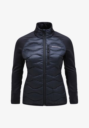 Padded jacket with a front zipper, black nylon body, and contrasting stretch fabric sleeves. Features a high collar and signature logo.
