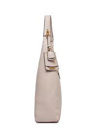 Borsa a spalla in pelle beige con una forma strutturata, tracolla regolabile e un piccolo cartellino removibile. Presenta dettagli in metallo color oro.