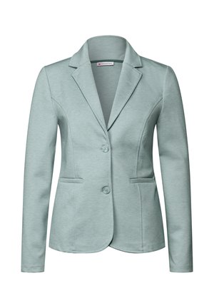 Light green blazer made of soft fabric. Features a classic notched lapel, two front pockets, and two-button closure with matching buttons.