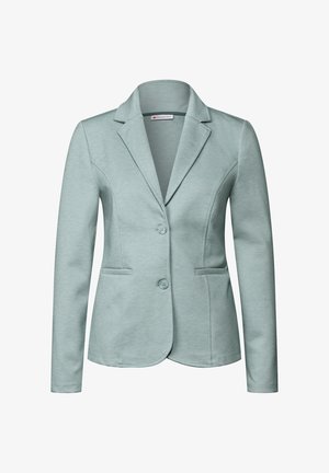 Blazer verde chiaro realizzato in tessuto morbido. Presenta un classico rever a punta, due tasche frontali e chiusura con due bottoni abbinati.