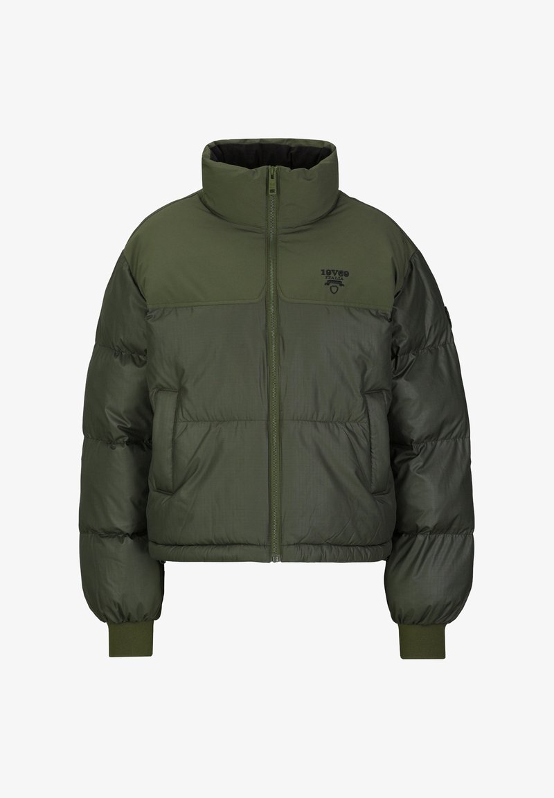Olijfgroen pufferjack met hoge kraag, rits sluiting en twee voorzakken; heeft tekstuurpanelen en ribgebreide manchetten.