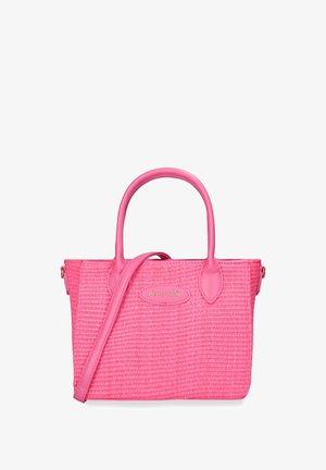 Rosa gewebte Handtasche mit zwei oberen Tragegriffen und einem abnehmbaren Schulterriemen, mit einer „pierre cardin“-Logo-Plakette vorne.