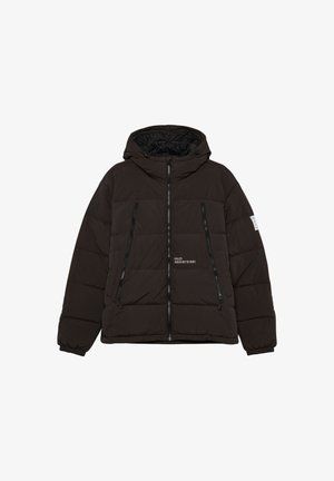 Czarna kurtka puchowa z zamkiem z przodu, regulowanym kapturem i dwiema przednimi kieszeniami. Posiada poziome przeszycia i mały nadruk z logo.