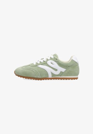Light green suede sneaker with white laces, white side logo, beige interior, and gum rubber sole facing right on a white background.