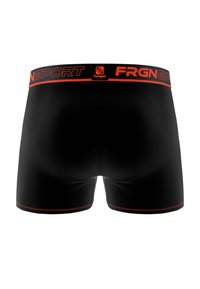 Boxers noirs avec une texture lisse, comportant une large ceinture élastique avec une marque et des accents orange, ainsi que des coutures contrastées.