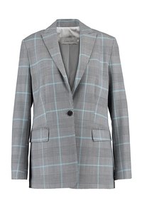 Szary blezer w kratę wykonany z tkaniny tkanej z niebieskimi akcentami. Wyróżniające się detale to zapięcie na jeden guzik oraz dwie przednie kieszenie.