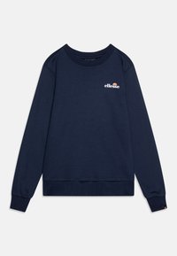 Marineblå crewneck hettegenser laget av et mykt stoff, med et logo på brystet, ribbestrikkede mansjetter og kant, samt en avslappet passform.