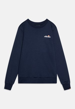 Marineblå crewneck hettegenser laget av et mykt stoff, med et logo på brystet, ribbestrikkede mansjetter og kant, samt en avslappet passform.