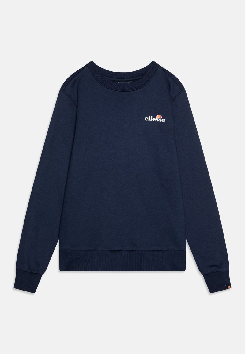 Marineblå crewneck hettegenser laget av et mykt stoff, med et logo på brystet, ribbestrikkede mansjetter og kant, samt en avslappet passform.