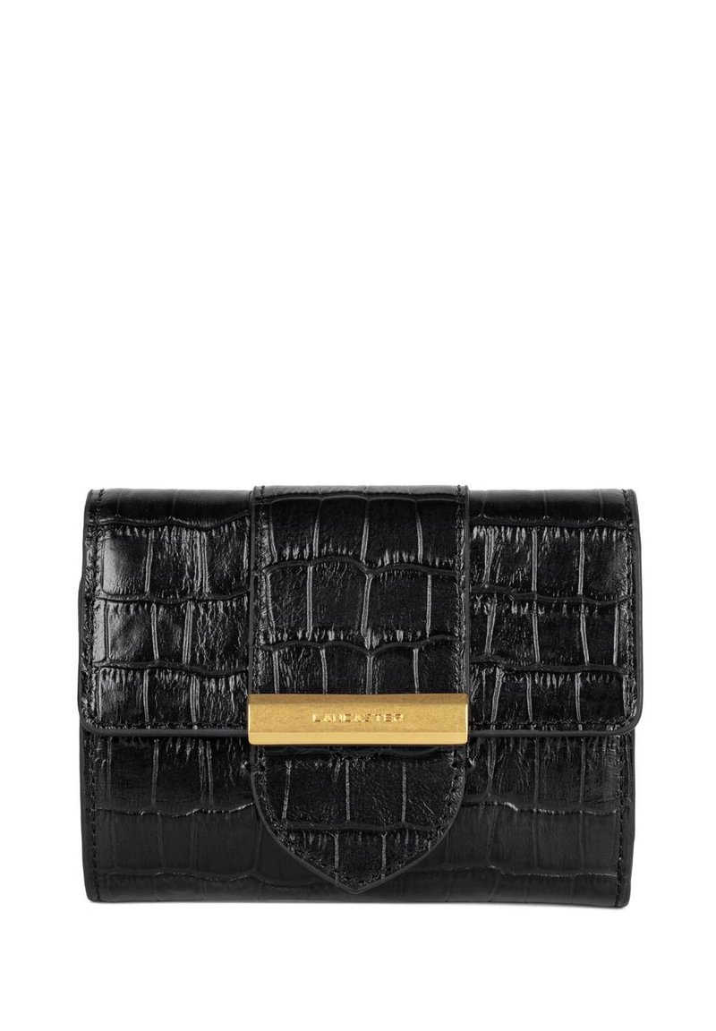 Black crocodile-embossed leather wallet with a gold-tone metal clasp and textured surface. Features a flap closure and a structured shape.