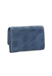 Blue leather wallet with a smooth texture, rectangular shape, and reinforced stitching, featuring a snap closure on the side.
