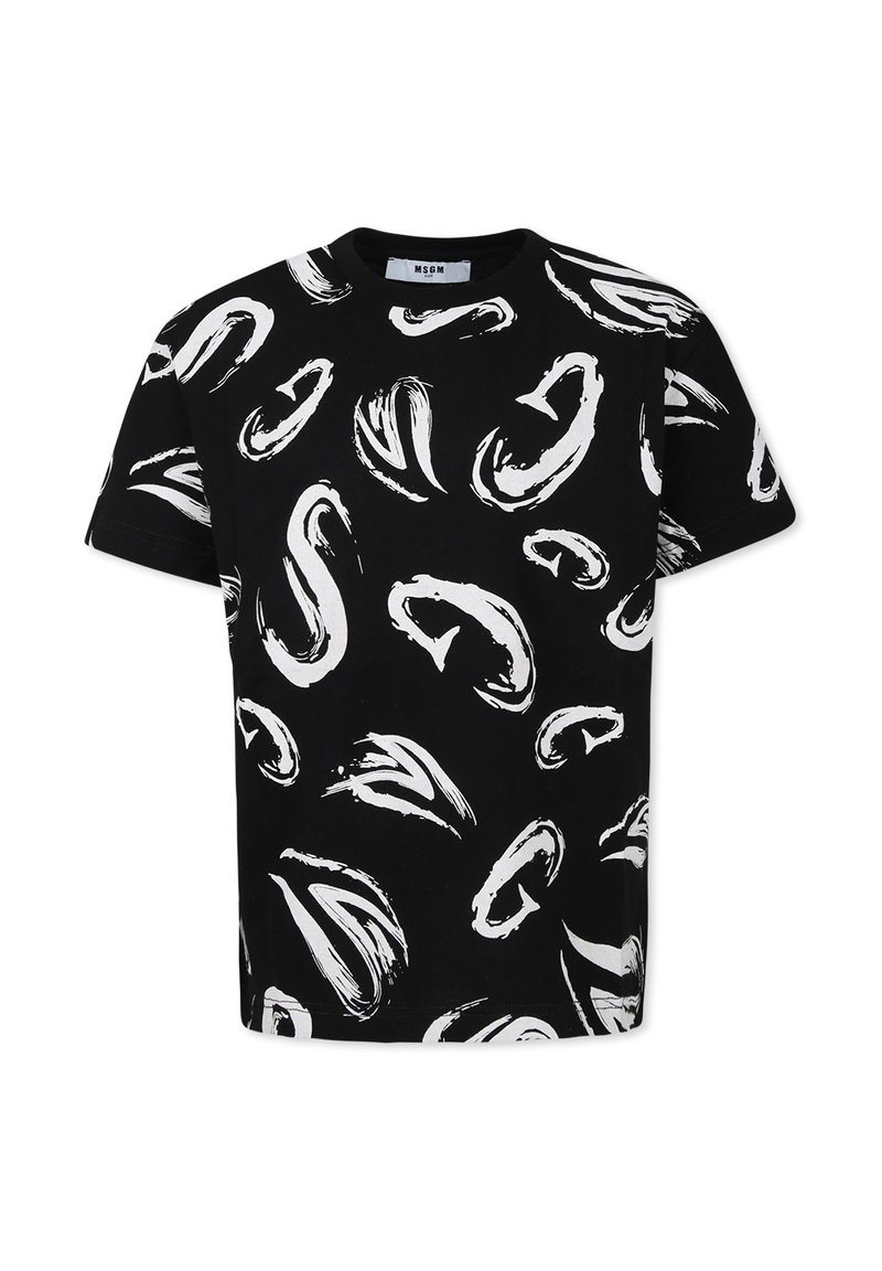 Zwarte katoenen t-shirt met abstracte witte penseelstreken. Korte mouwen, ronde hals en een relaxte pasvorm.