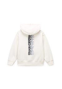 Hoodie crème avec un grand logo vertical en dégradé de gris au dos. Tissu doux, coupe décontractée et poche kangourou.