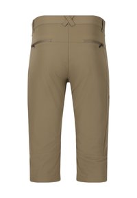 Beige knälånga shorts i lätt tyg, med en slät yta, två dragkedjefickor bak och ett korsband i midjan.