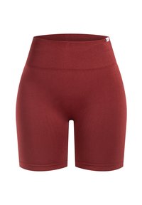 Rode high-waisted fietsbroekjes van rekbaar materiaal, met een gladde textuur en een geribde tailleband voor extra comfort.