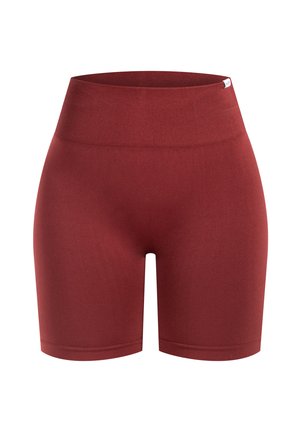 Rode high-waisted fietsbroekjes van rekbaar materiaal, met een gladde textuur en een geribde tailleband voor extra comfort.