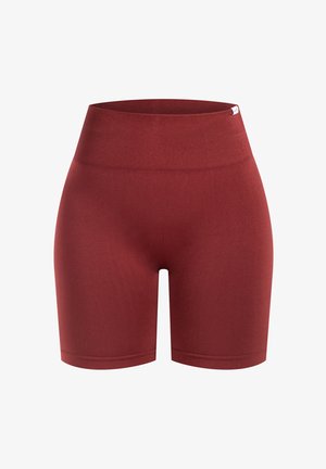 Punaiset korkeavyötäröiset pyöräilyshortsit joustavasta kankaasta, joissa on sileä pinta ja ribattu vyötärönauha lisämukavuutta varten.