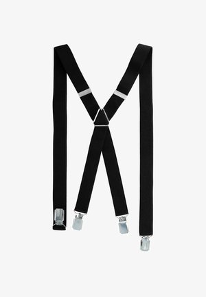 Black fabric suspenders with silver metal clips, featuring a Y-shape design and adjustable straps for secure fit.