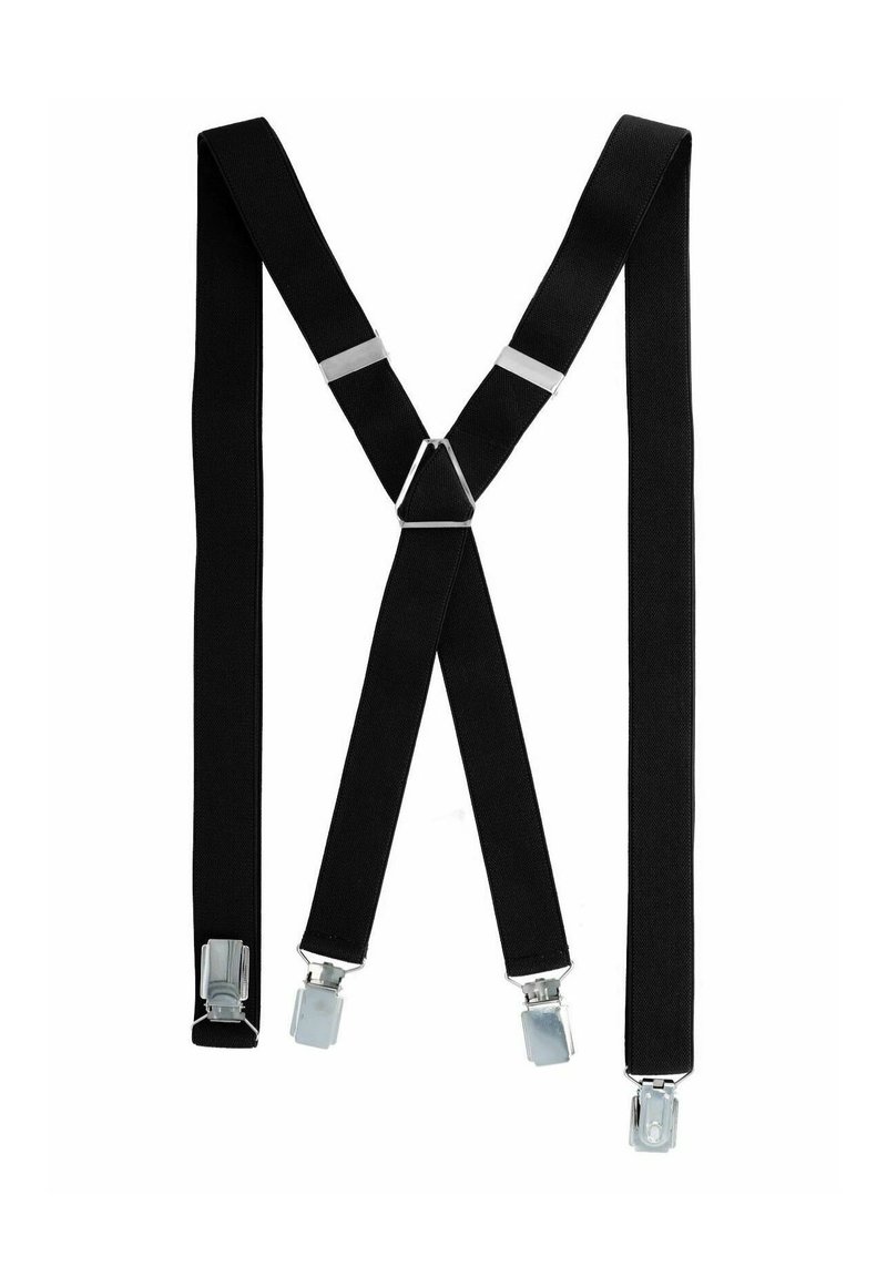 Schwarze Stoffträger mit silbernen Metallclips, mit einem Y-förmigen Design und verstellbaren Riemen für einen sicheren Sitz.