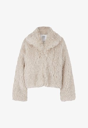 Veste courte en fausse fourrure couleur crème avec un large col, surface texturée et manches longues. Dispose d'une fermeture à bouton à l'avant.