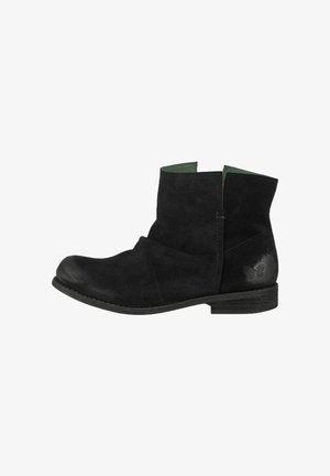 Black suede ankle boots with a rounded toe, simple design, green lining, and contrasting stitching. Notable feature: small butterfly emblem.
