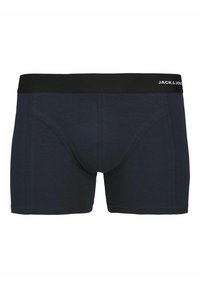 Donkerblauwe katoenen boxershorts met een zwarte elastische tailleband met de merknaam "JACK & JONES" in witte tekst; gladde textuur.
