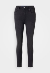 Sorte smale jeans laget av denim med klassisk femlommers design, med frontknappelukking og subtile sømdetaljer.