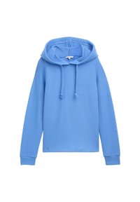 Blå huvtröja med känguruficka, långa ärmar, ribbade muddar och en mjuk textur. Har snoddar på huvan.