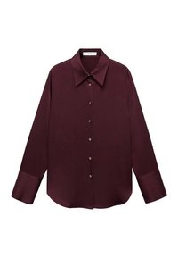 Burgundy long-sleeve shirt with a pointed collar, buttoned front, and gold-tone buttons; made of smooth, lightweight fabric.