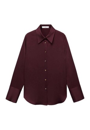 Camicia a maniche lunghe bordeaux con colletto a punta, chiusura frontale con bottoni e bottoni in tonalità oro; realizzata in tessuto liscio e leggero.