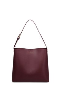 Burgundy leather shoulder bag with a smooth finish, adjustable strap, and gold logo detailing at the front. Structured design with a wide opening.