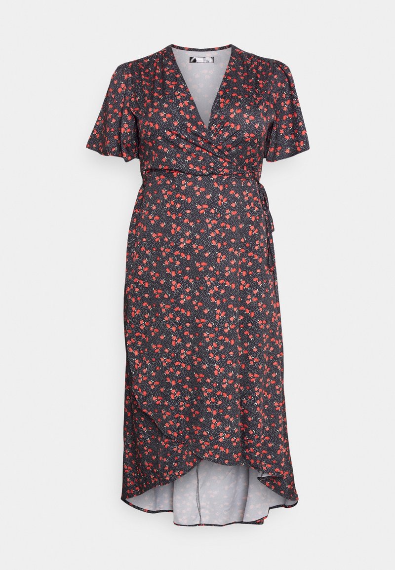 Svart omslagklänning med korta ärmar, prydd med ett rödblommigt mönster, hög-låg fåll och ett fast bälte för justerbar passform.