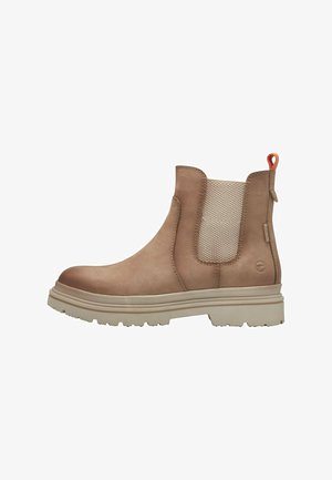 Botte Chelsea en cuir brun avec des panneaux latéraux en mesh, semelle en caoutchouc et une languette orange. Bout arrondi et surface texturée.