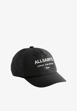 Must olnud musta värvi puuvillane nokamüts, millel on broderitud "ALLSAINTS" tekst ja täiendavad sümbolid. Pehme tekstuur, kaldus nokk, reguleeritav rihm.