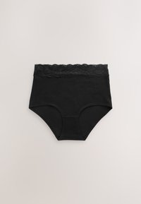 Biancheria intima nera a vita alta in morbido cotone. Presenta un delicato bordo di pizzo in vita. Tessuto liscio e design a copertura completa.