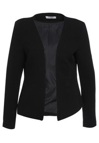 Černý dámský blazer s otevřeným předním dílem, dlouhými rukávy a mírně přiléhavým střihem, s hladkým vnitřním podšívkou.