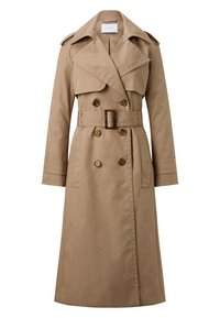 Trench-coat beige à double boutonnage avec larges revers, épaulettes, ceinture avec boucle et deux poches avant, longueur genoux.
