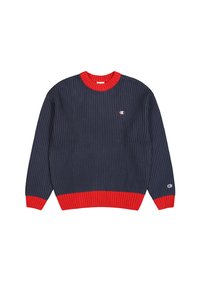 Pull en maille côtelée bleu marine avec un col rond et un ourlet rouge contrastants. Présente une patch logo sur la poitrine et des manches côtelées.