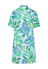 Kurzärmeliges Kleid aus hellblauem Stoff mit großen grünen und blauen Blumenmustern, klassischem Kragen und lockerer Passform.