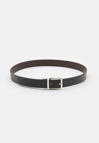 Black leather belt with silver rectangular buckle, displayed in a circular shape on a white background.