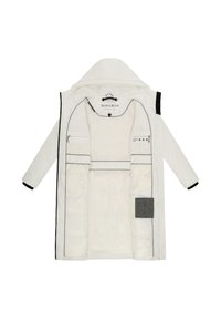 Witte gewatteerde jas met capuchon, voorzien van zwarte accenten, een fleece voering en meerdere binnenzakken voor opbergruimte. Ritssluiting.