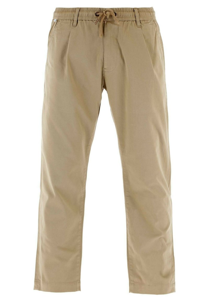 Pantalones ligeros beige con cintura elástica y cordón. Tienen un corte recto y bolsillos laterales, fabricados en tejido transpirable.