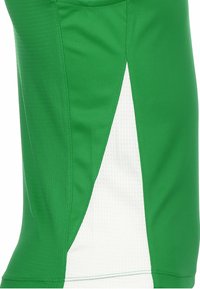 Shorts sportivi verdi con un pannello laterale in tessuto bianco, caratterizzati da una finitura testurizzata e un design sportivo. Sono visibili i dettagli delle cuciture.