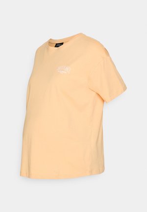 T-shirt de maternidade amarelo, mangas curtas, com decote redondo, apresentando "Miami" bordado em branco. Material de algodão macio, corte relaxado.