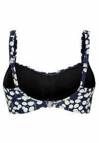 Marinblå bh med vitt bladmönster, justerbara axelband och svart insida. Har en hyskknäppning bak för en säker passform.