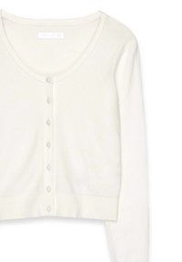Cardigan bianco corto realizzato in morbido tessuto a maglia. Presenta un collo rotondo, maniche lunghe e una chiusura frontale con bottoni piccoli in tinta.